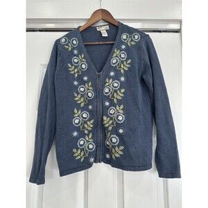 Heirloom Womens Blue S Embroidered Floral Zip Sweater Jacket Vintage Grannycore